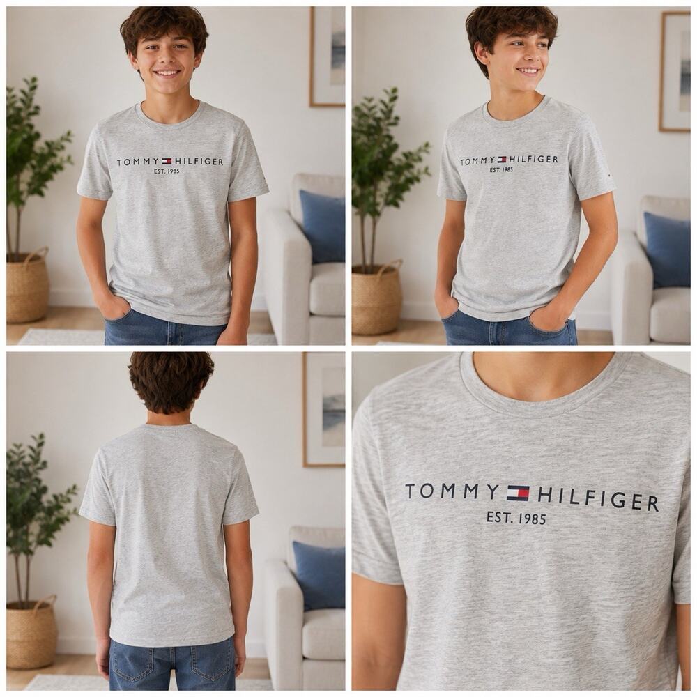 Tommy Hilfiger Boys L 16/18 Gray Logo Graphic Short Sleeve T Shirt
